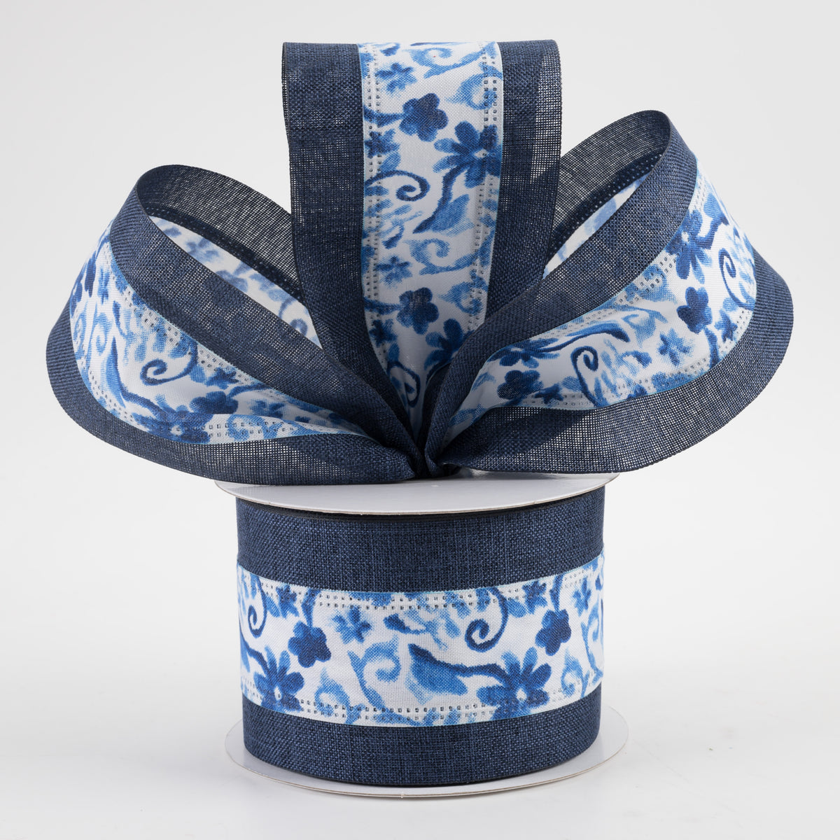 2.5" Linen Watercolor Flower Branches Ribbon: Blue Edge (10 Yards) Lifestyle Photo