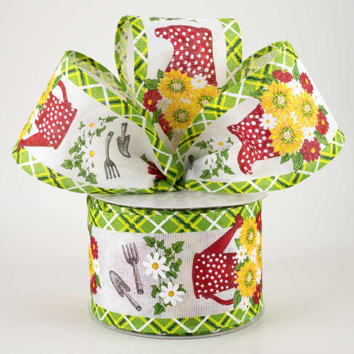 2.5" Linen Watering Can, Boots & Flowers Ribbon (10 Yards) Lifestyle Photo