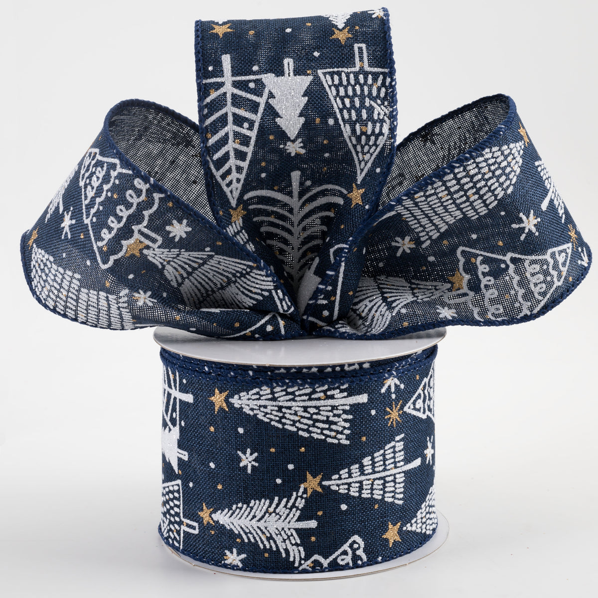 2.5" Linen White Christmas Trees & Dots Ribbon: Navy (10 Yards) Lifestyle Photo