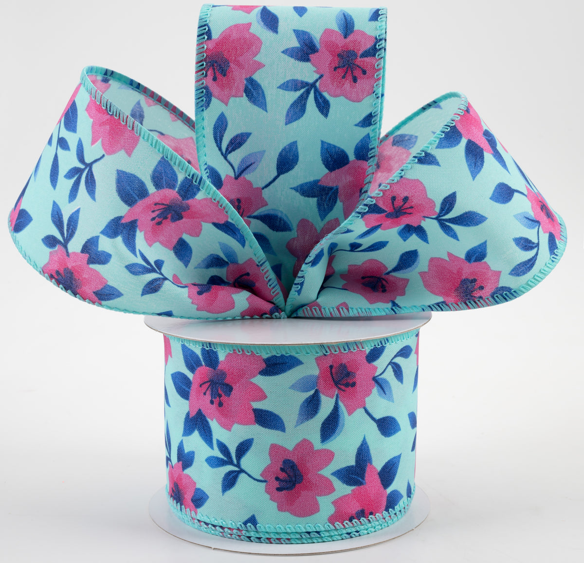 2.5" Magnolias Satin Ribbon: Aqua & Fuchsia (10 Yards) Lifestyle Photo