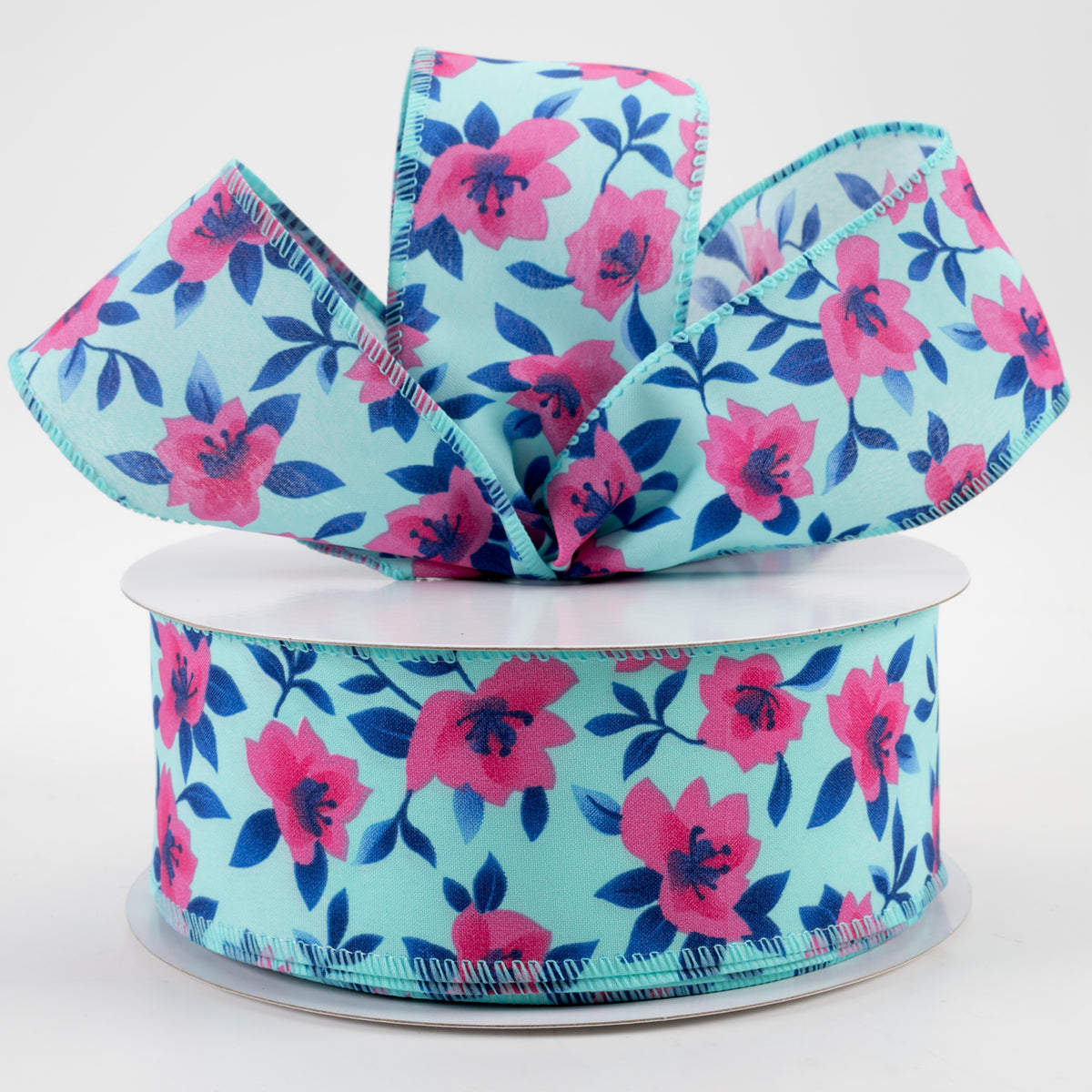 2.5" Magnolias Satin Ribbon: Aqua & Fuchsia (50 Yards) Lifestyle Photo