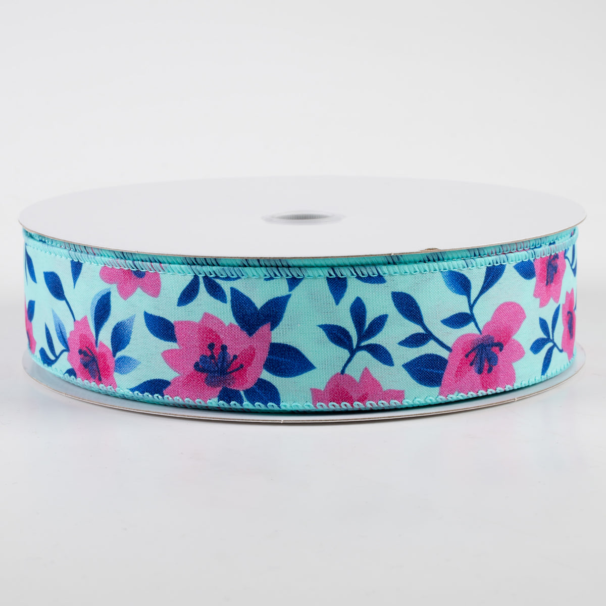 1.5" Magnolias Satin Ribbon: Aqua & Fuchsia (50 Yards)