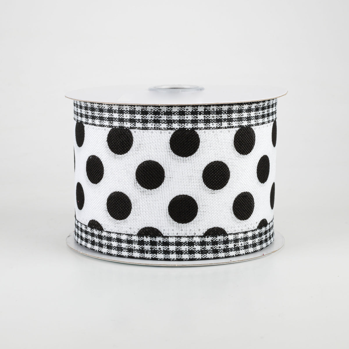 2.5" Medium Polka Dot Gingham Edge Ribbon: White & Black (10 Yards)