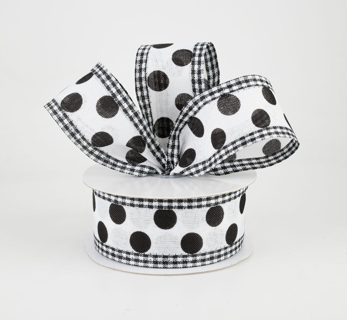 1.5" Medium Polka Dot Gingham Edge Ribbon: White & Black (10 Yards) Lifestyle Photo