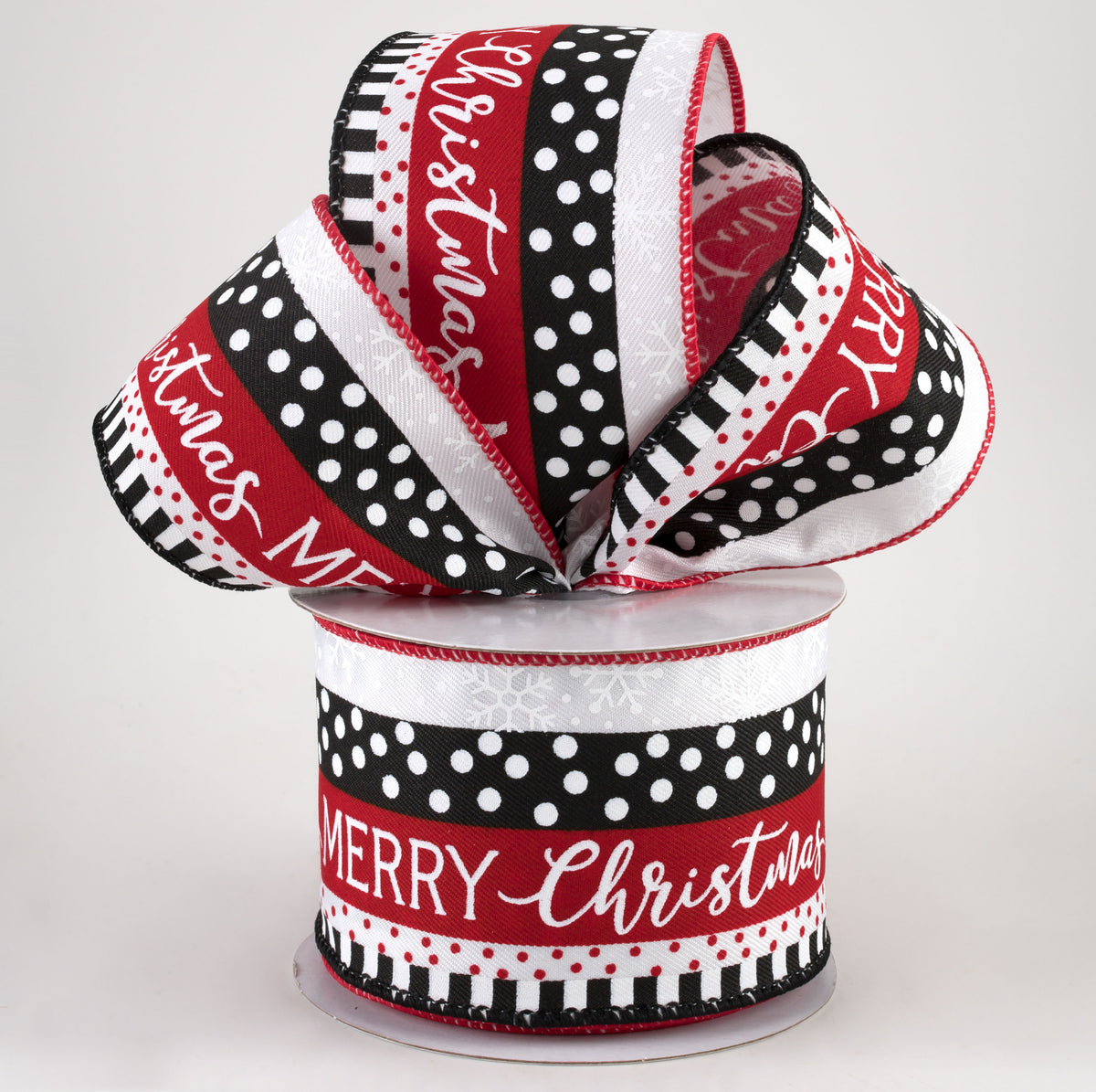 2.5" Merry Christmas, Dots, Stripes Ribbon: Black, Red, White (10 Yards) Lifestyle Photo