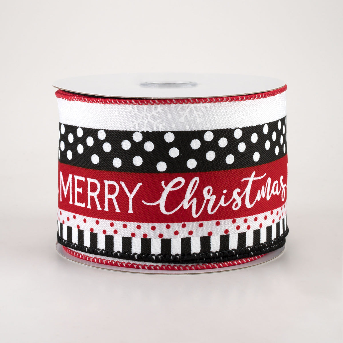 2.5" Merry Christmas, Dots, Stripes Ribbon: Black, Red, White (10 Yards)