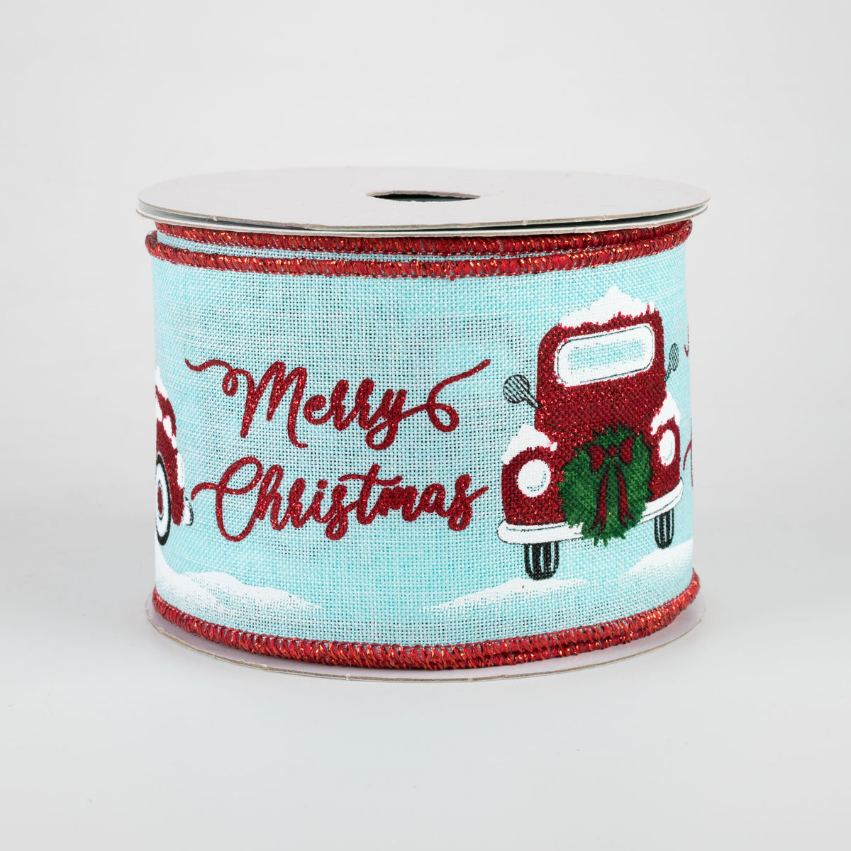 2.5" Merry Christmas With Truck Ribbon: Ice Blue (10 Yards)