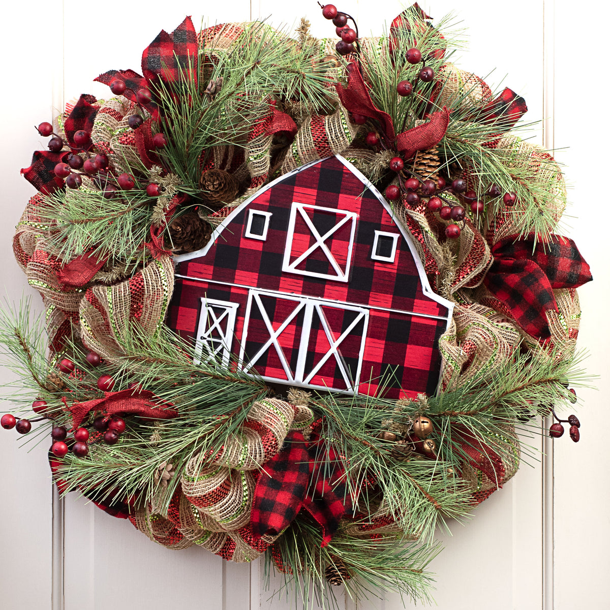 12" Metal Embossed Hanger: Black & Red Buffalo Plaid Barn Lifestyle Photo