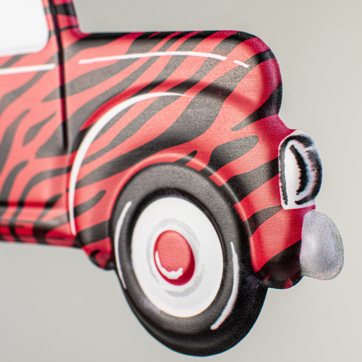 12" Metal Embossed Hanger: Red & Black Animal Stripe Truck detail photo 4