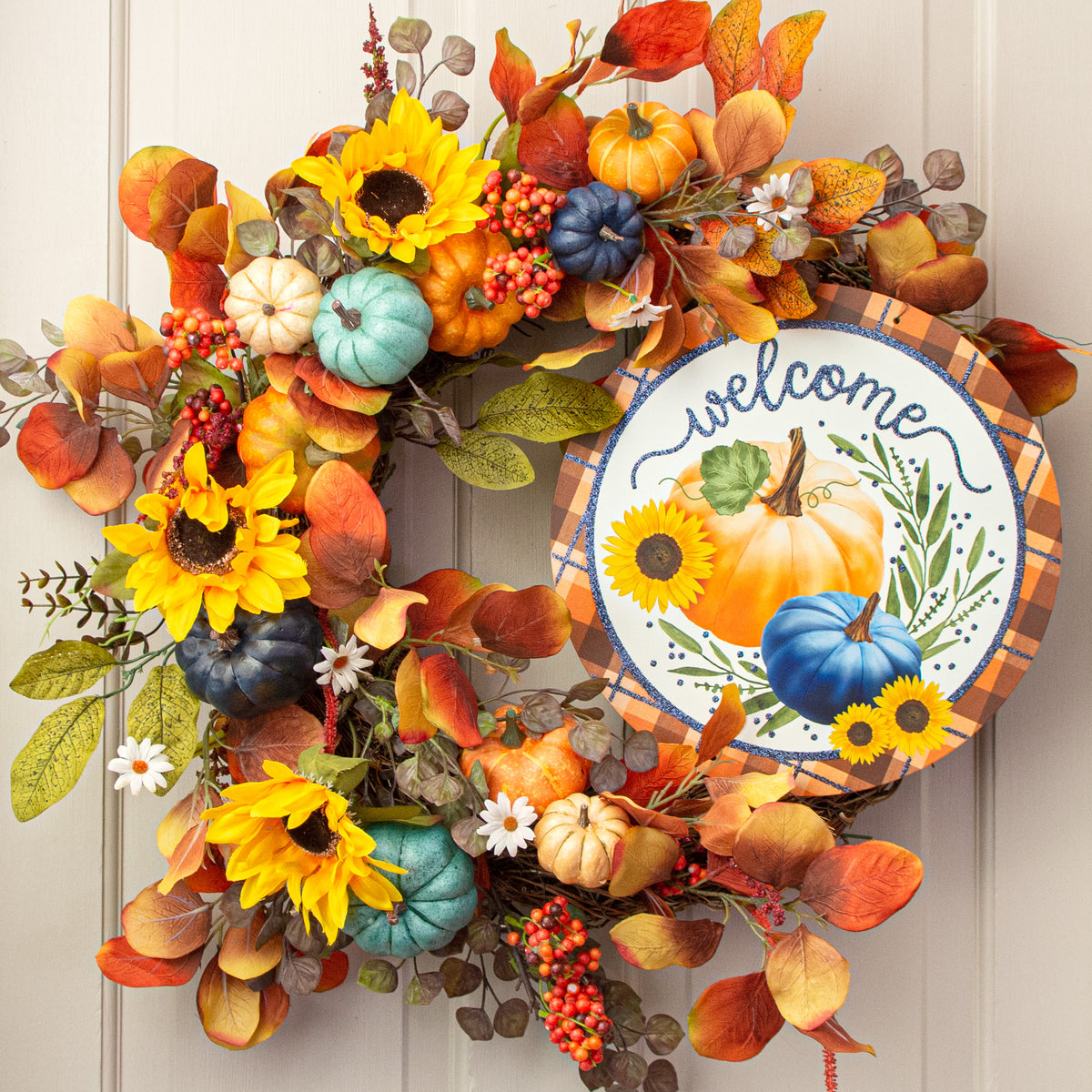 12" Metal Sign: Glittered Welcome Pumpkins Navy Lifestyle Photo