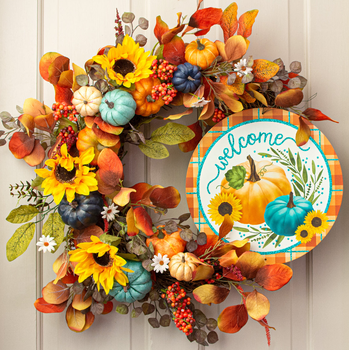 12" Metal Sign: Glittered Welcome Pumpkins Orange Lifestyle Photo
