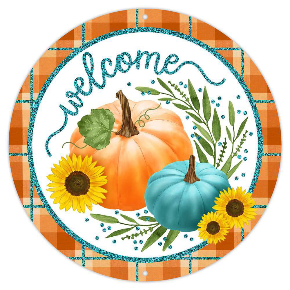 12" Metal Sign: Glittered Welcome Pumpkins Orange Item Number: MD096742