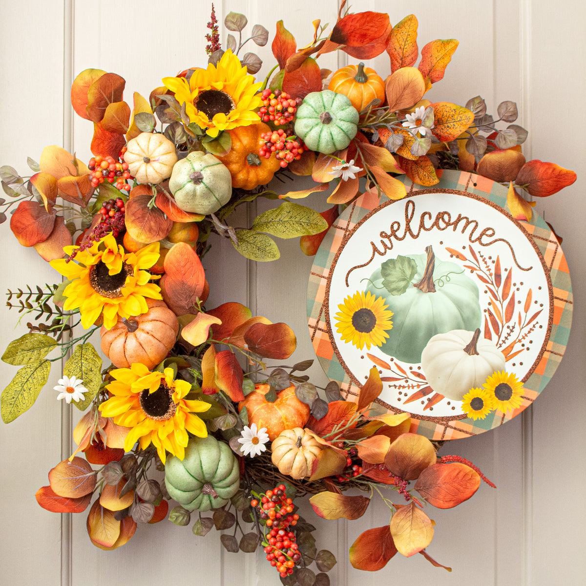 12" Metal Sign: Glittered Welcome Pumpkins Sage Lifestyle Photo