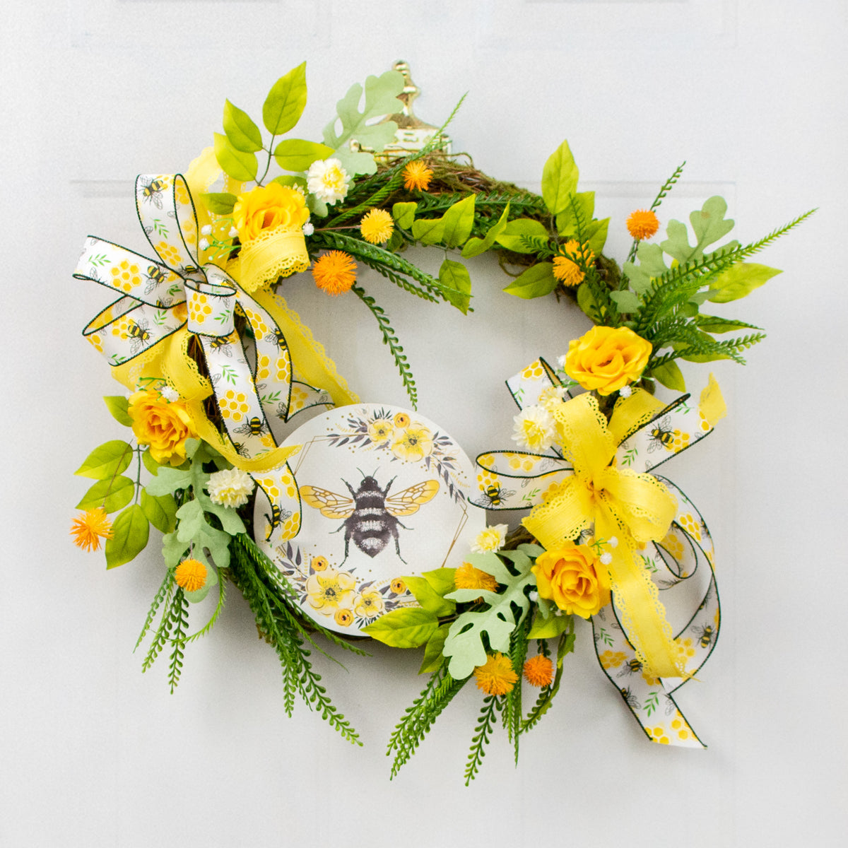 8" Metal Sign: Gold Foil Bee with Florals Lifestyle Photo