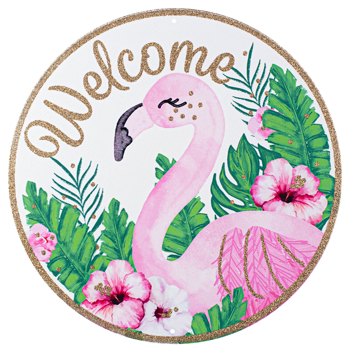 12" Metal Sign: Welcome Tropical Leaves & Flamingo Item Number: MD0830