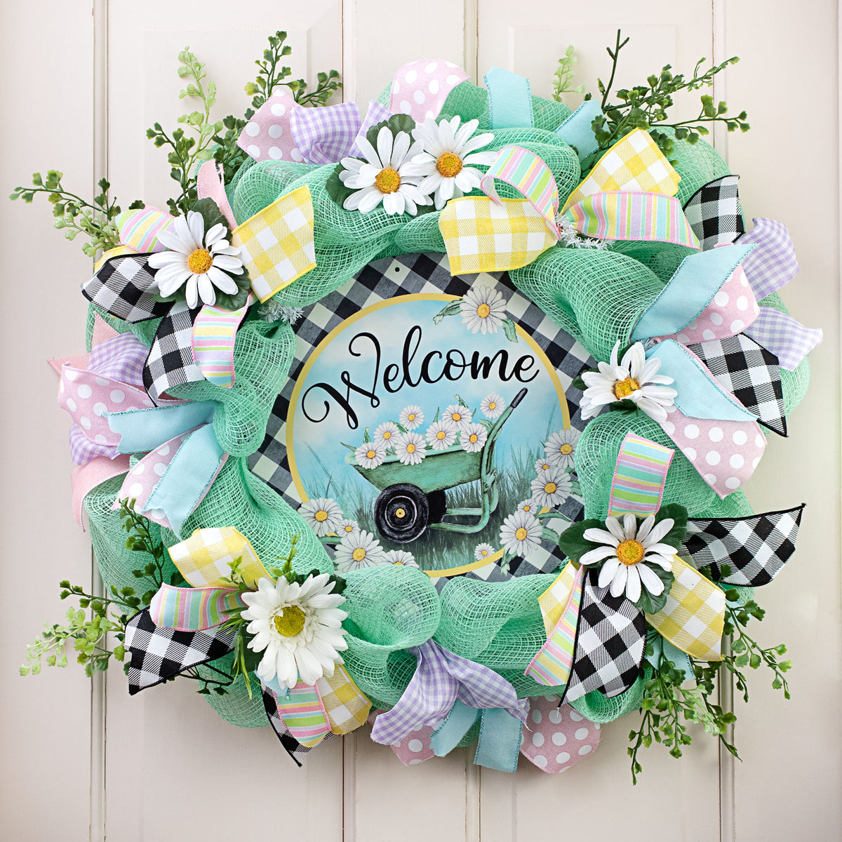 12" Metal Sign: Welcome Wheelbarrow Daisies on Gingham Lifestyle Photo