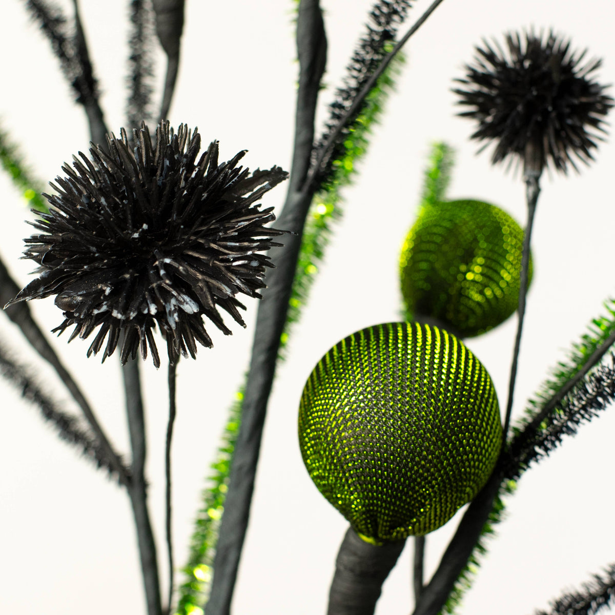 27" Metallic Fabric Ball & Thistle Spray: Lime Green & Black Lifestyle Photo
