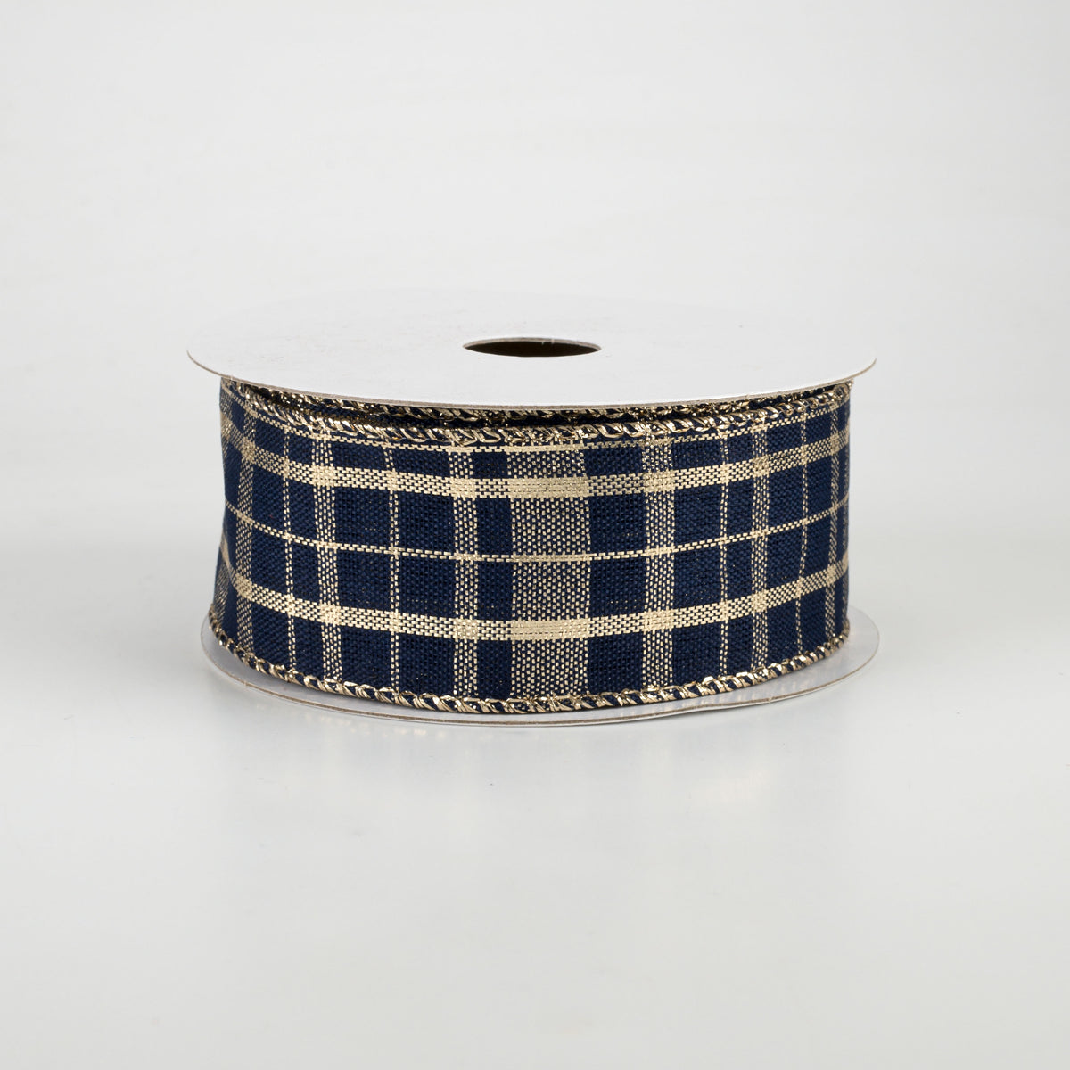 1.5" Metallic Gina Plaid Ribbon: Gold & Navy (10 Yards)
