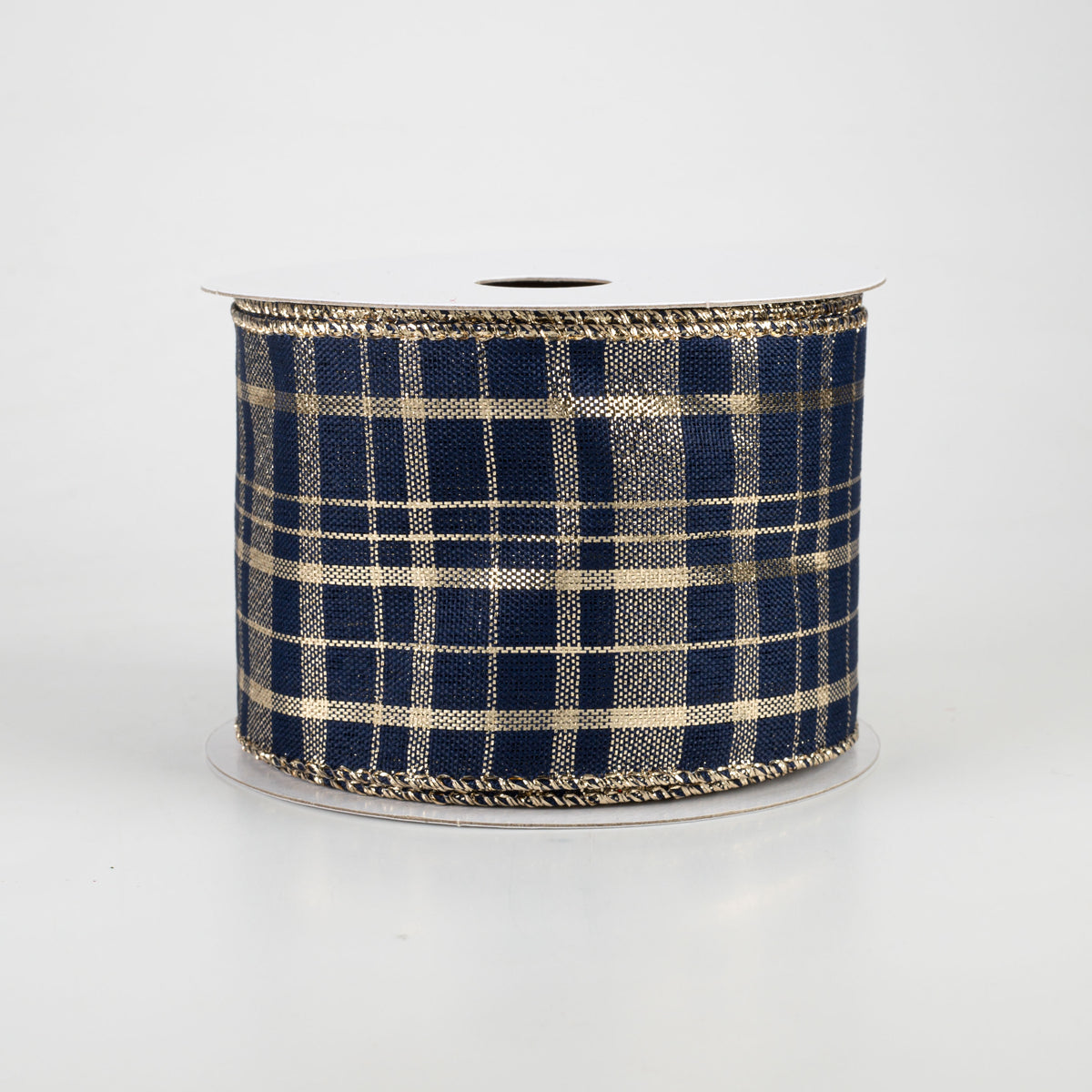 2.5" Metallic Gina Plaid Ribbon: Gold & Navy (10 Yards)