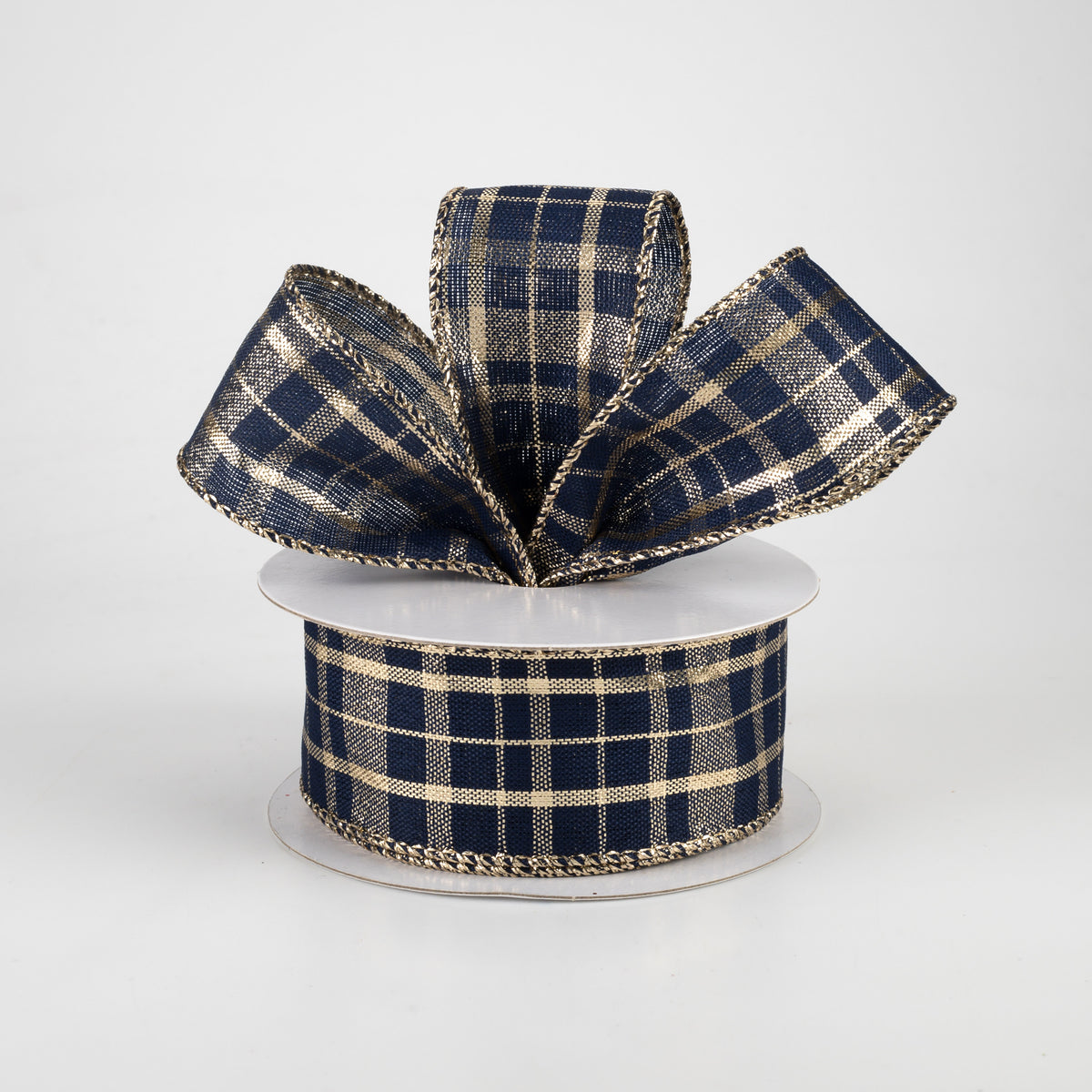 1.5" Metallic Gina Plaid Ribbon: Gold & Navy (10 Yards) Lifestyle Photo