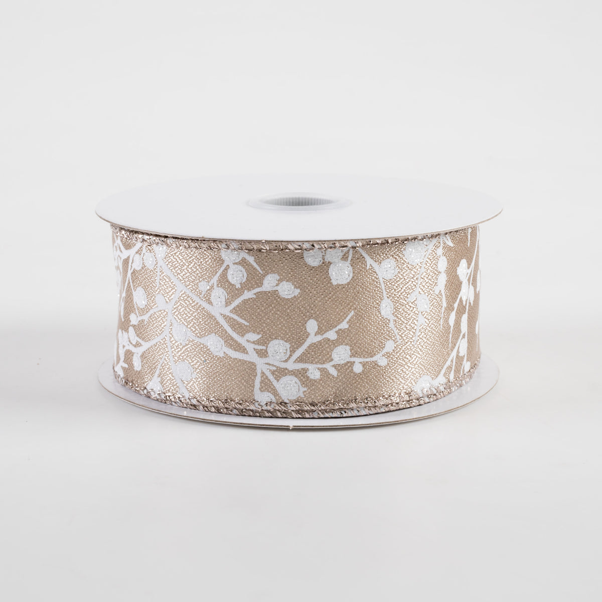 1.5" Metallic Satin Glitter Tree Branches & Berries Ribbon: Taupe (10 Yards)