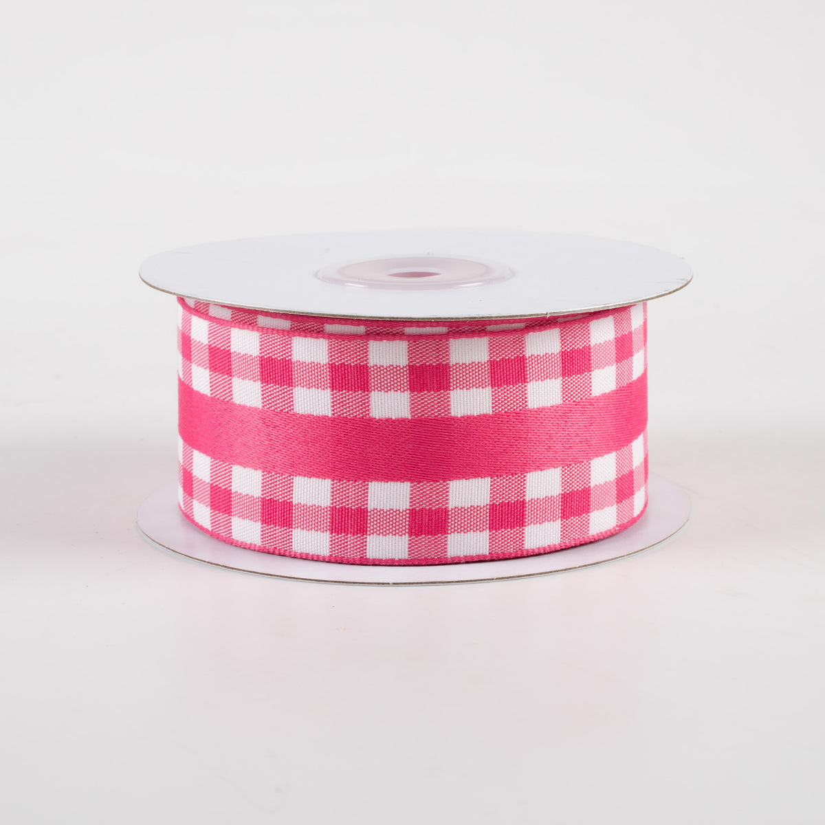 1.5" Mini Gingham With Center Stripe Ribbon: Hot Pink & White (10 Yards)