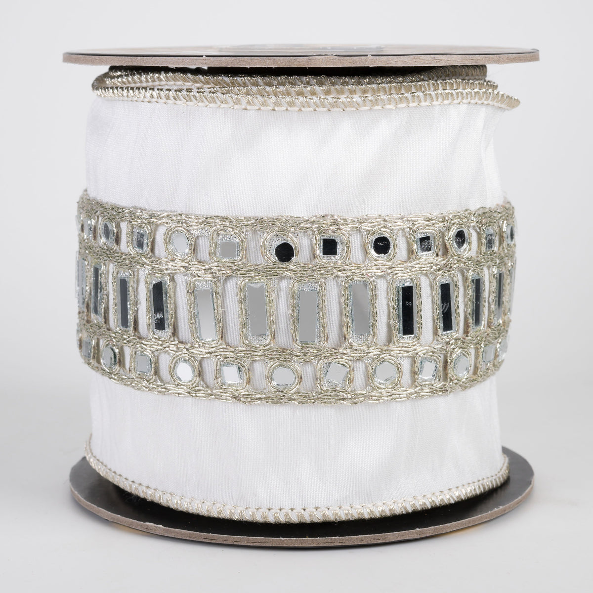 4" Mirror Center Trim Dupioni & Metallic Dupioni Ribbon: White & Silver (5 Yards) Item Number: RR0043