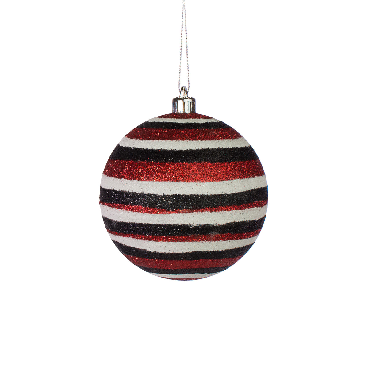 100MM Horizontal Stripe Glitter Ball Ornament: Red, Black, White Item Number: XY8528A1