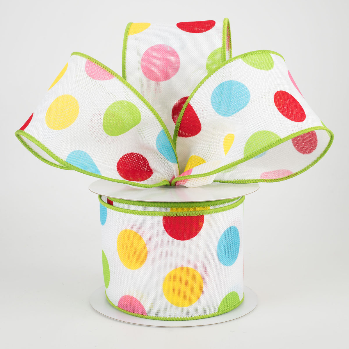 2.5" Multi Color Polka Dots Ribbon: White With Lime (10 Yards) Lifestyle Photo
