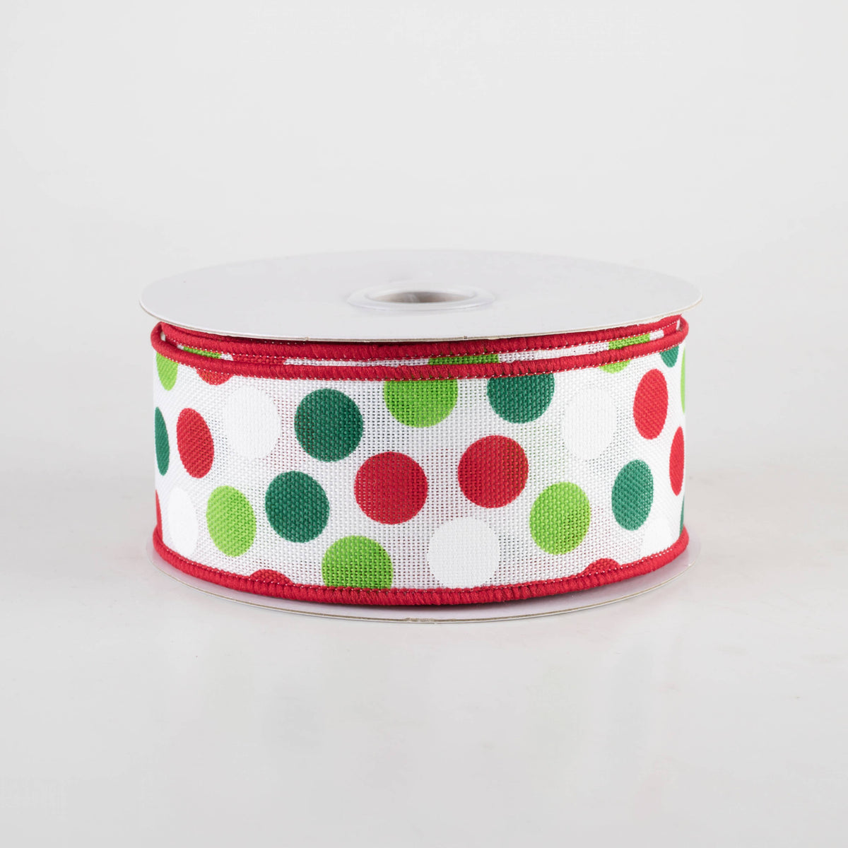 1.5" Multi Dots Ribbon: Christmas Colors on White (10 Yards) Item Number: RGF14398R