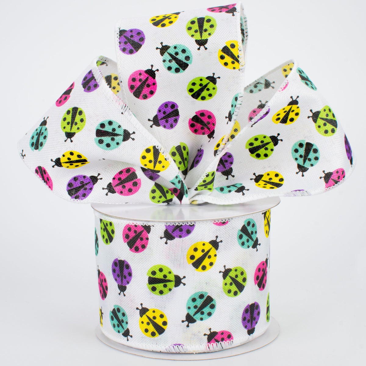 2.5" Multicolored Ladybug Ribbon: White (10 Yards) Lifestyle Photo