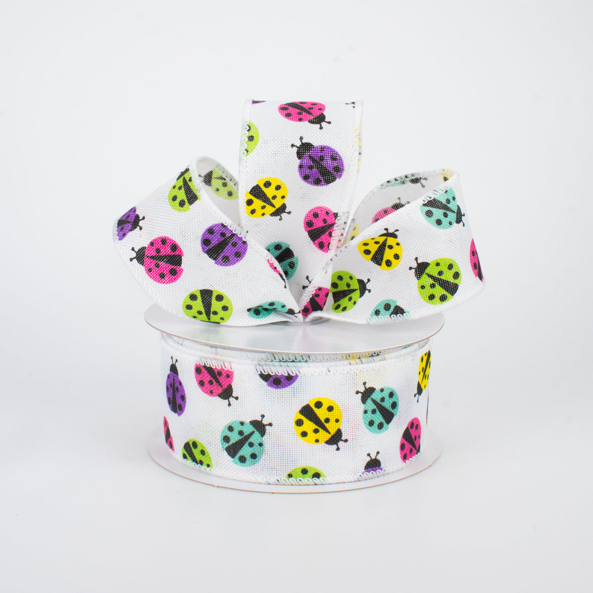 1.5" Multicolored Ladybug Ribbon: White (10 Yards) Lifestyle Photo