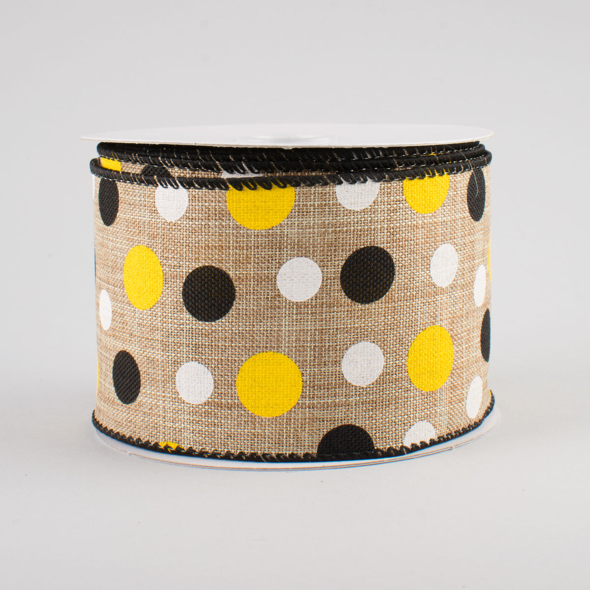 2.5" Natural Canvas Ribbon: Black, Yellow, White Dots (10 Yards)
