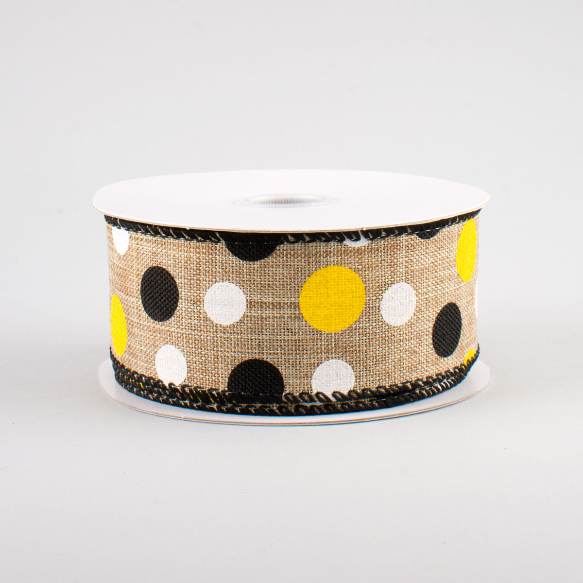 1.5" Natural Canvas Ribbon: Black, Yellow, White Dots (10 Yards)