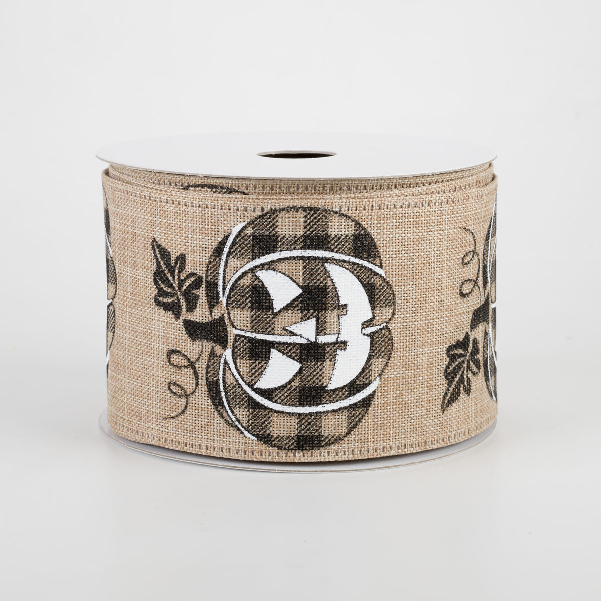 2.5" Natural Linen Buffalo Plaid Jack O Lantern Ribbon (10 Yards)