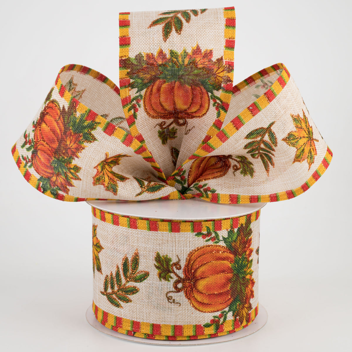 2.5" Natural Linen Pumpkin & Fall Foilage Ribbon With Dashed Edge (10 Yards) Lifestyle Photo