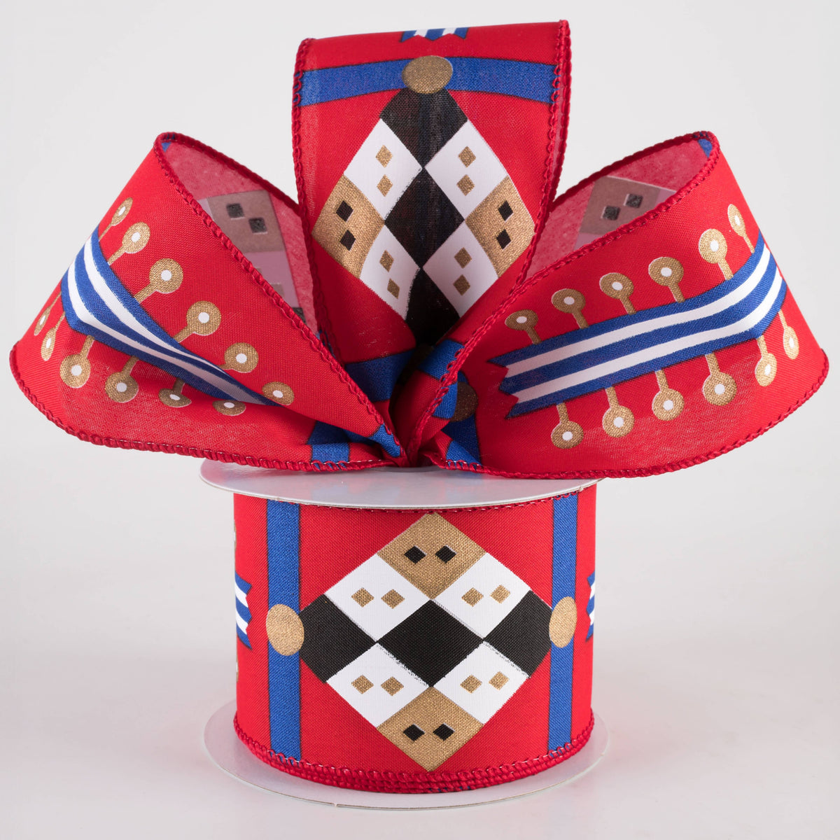 2.5" Nutcracker Stripes & Patterns Ribbon: Red & Blue (10 Yards) Lifestyle Photo