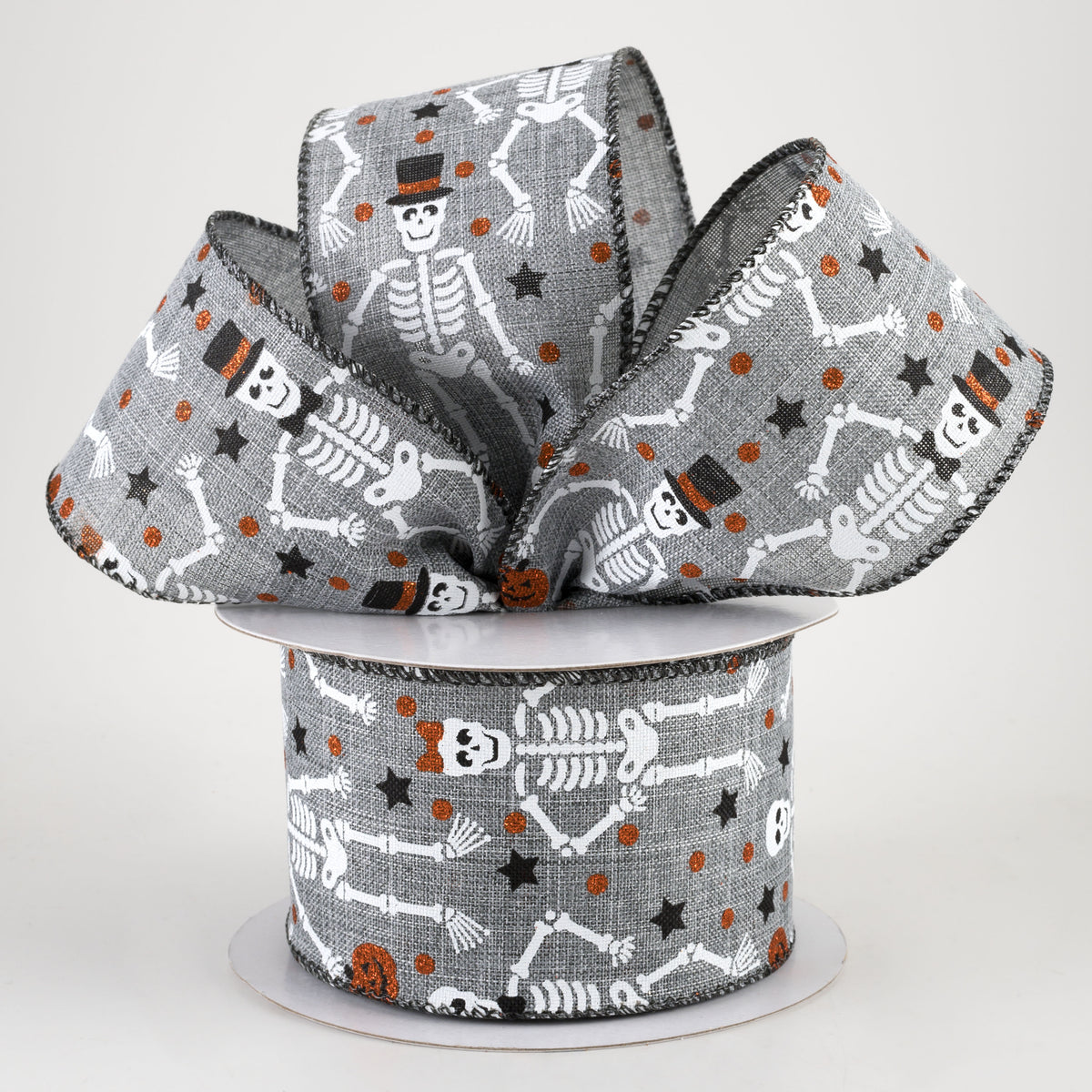 2.5" Orange Glitter Skeletons Ribbon: Grey (10 Yards) Lifestyle Photo