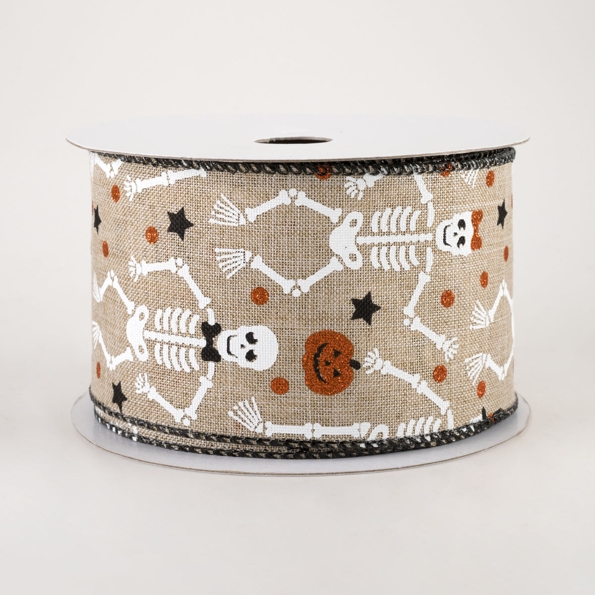 2.5" Orange Glitter Skeletons Ribbon: Natural (10 Yards)
