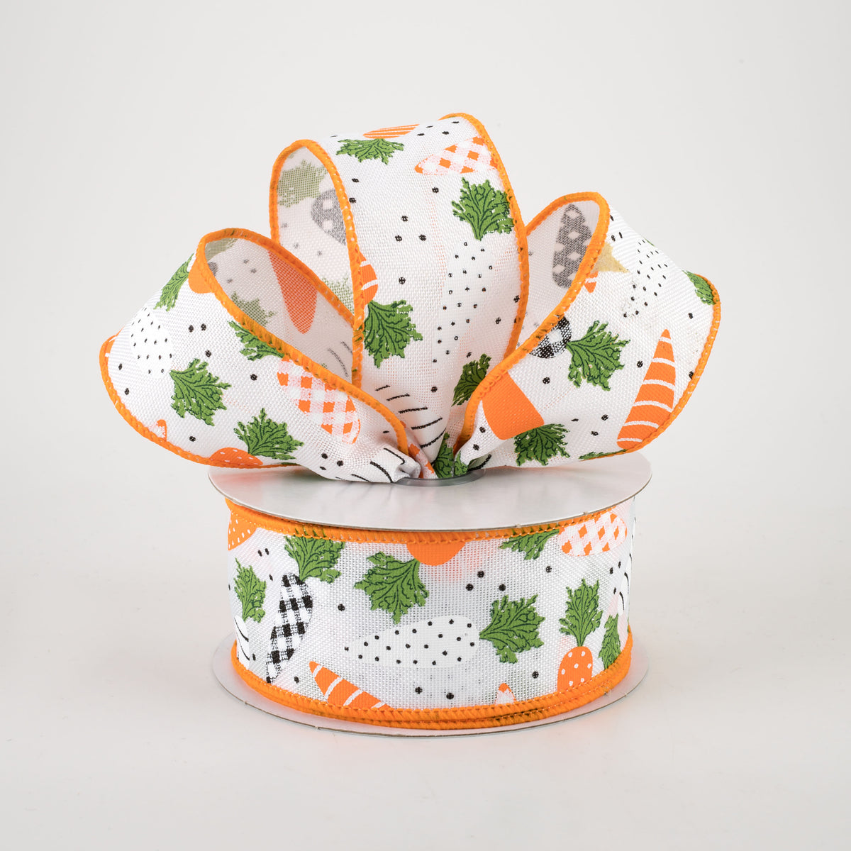 1.5" Patterned Carrots Ribbon: White Faux Burlap (10 Yards) Lifestyle Photo