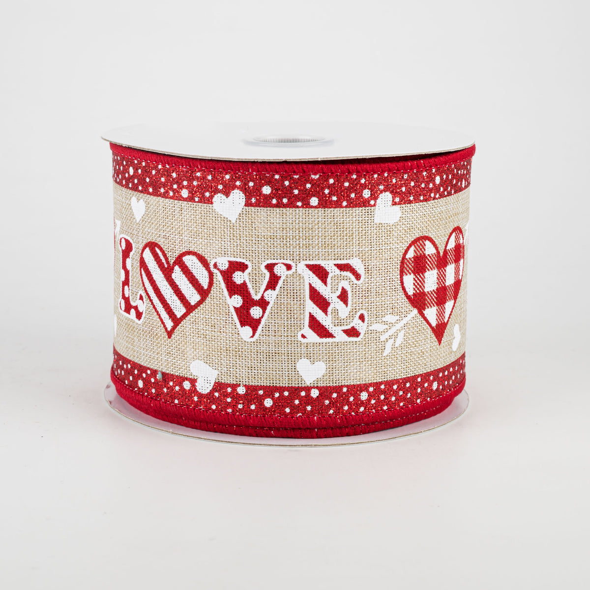 2.5" Patterned Love Heart Ribbon: Natural & Red (10 Yards) Item Number: 11004-40-15