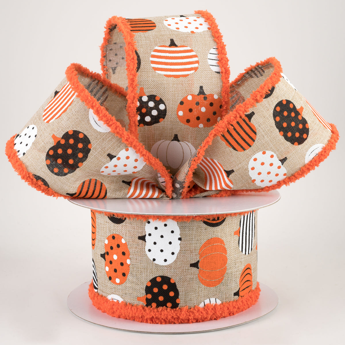 2.5" Patterned Pumpkins Fuzzy Edge Ribbon: Natural (10 Yards) Lifestyle Photo