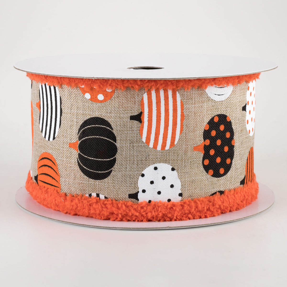 2.5" Patterned Pumpkins Fuzzy Edge Ribbon: Natural (10 Yards)