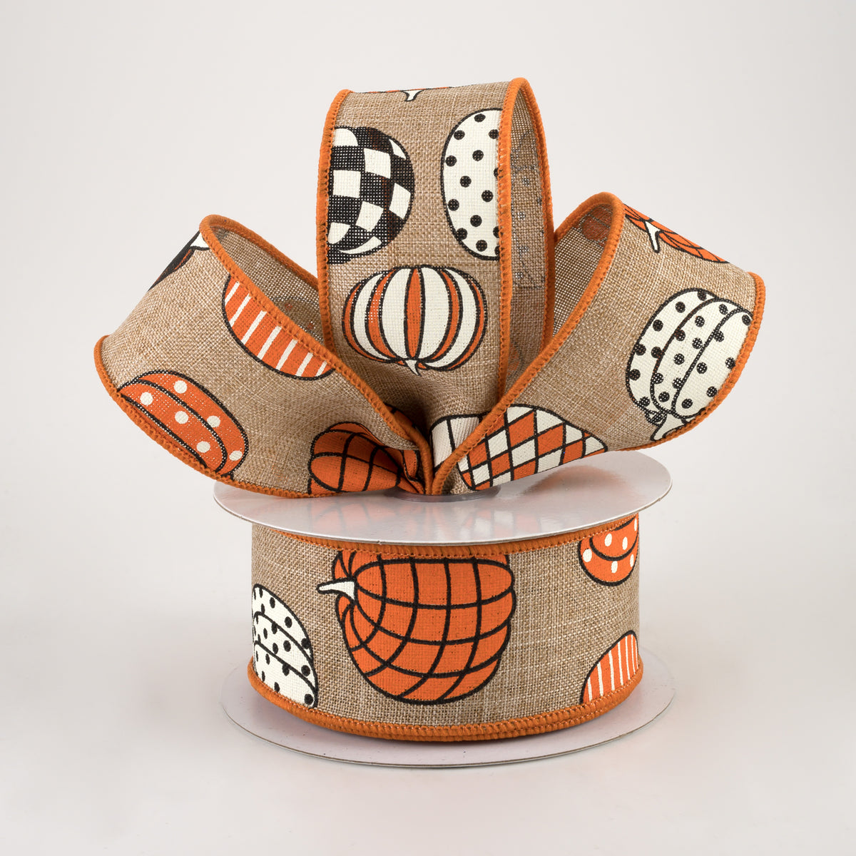 1.5" Patterned Pumpkins Linen Ribbon: Natural (10 Yards) Lifestyle Photo