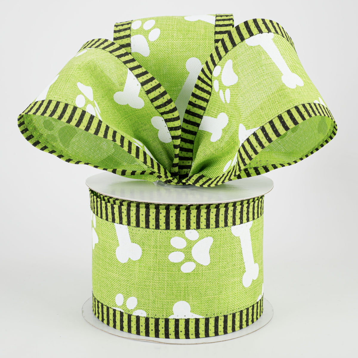 2.5" Paw Print, Bones, Thin Stripe Edge Ribbon: Lime (10 Yards) Lifestyle Photo