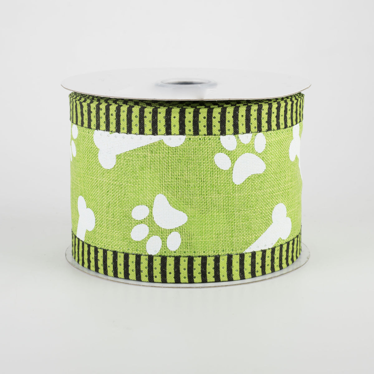 2.5" Paw Print, Bones, Thin Stripe Edge Ribbon: Lime (10 Yards)