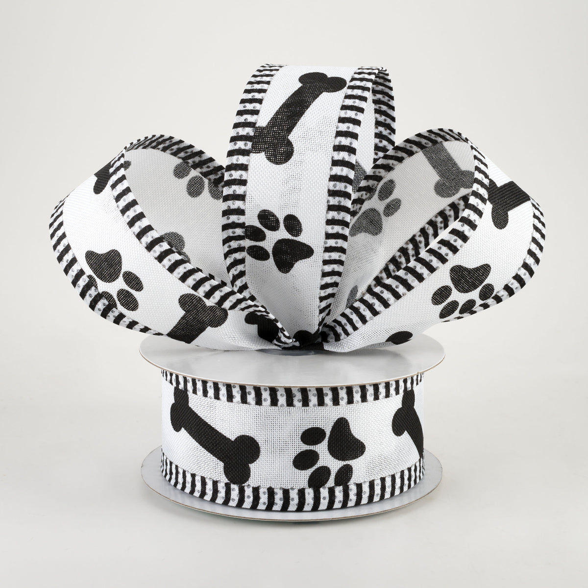 1.5" Paw Prints & Bones Thin Stripe Edge Ribbon: White & Black (10 Yards) Lifestyle Photo