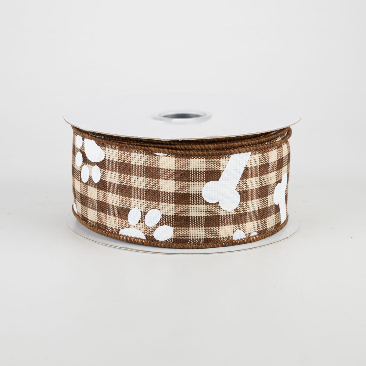 1.5" Paw Prints & Dog Bones Gingham Check Ribbon: Brown & Cream (10 Yards)