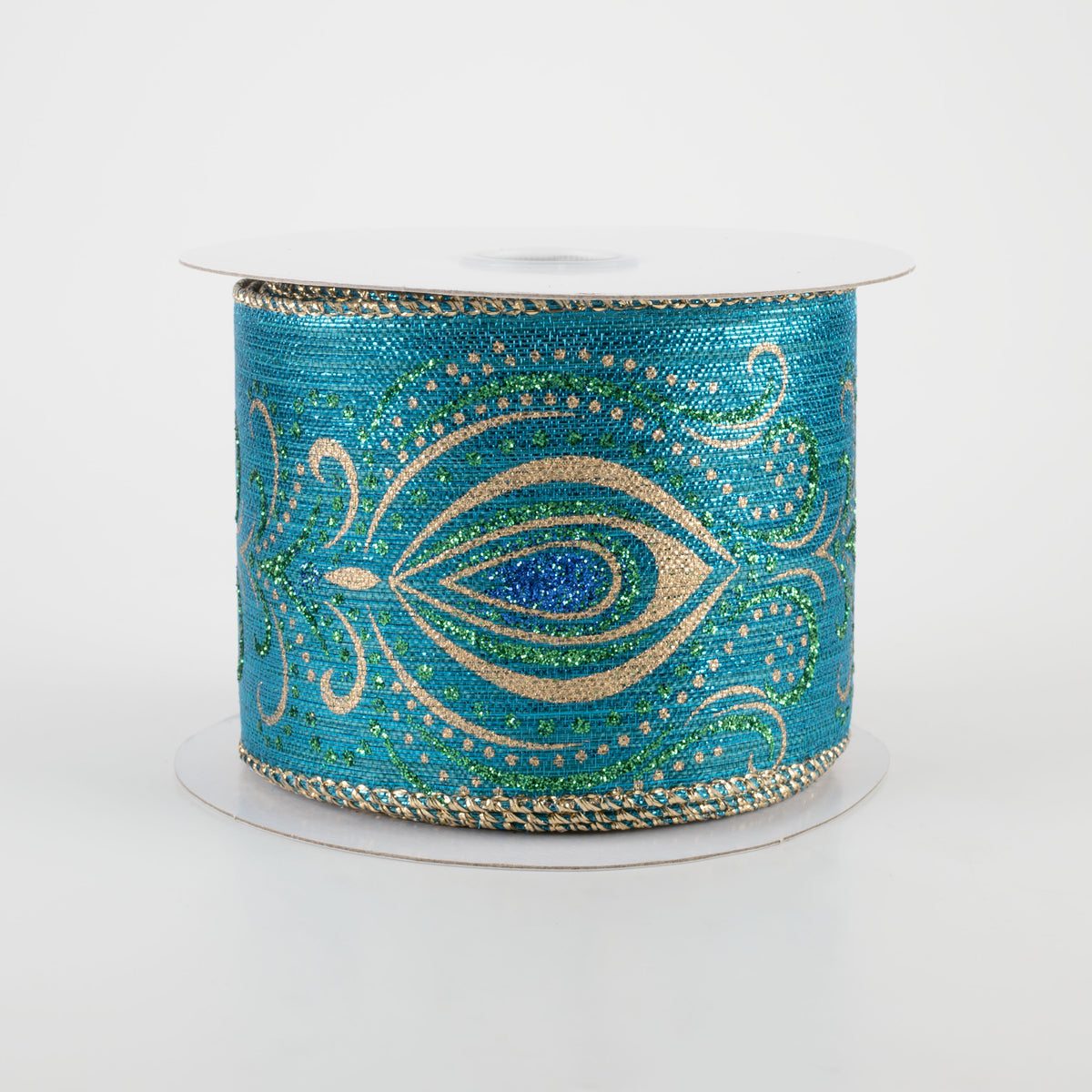 2.5" Peacock Feather Gold Swirls Ribbon (10 Yards) Item Number: 72123-40-33