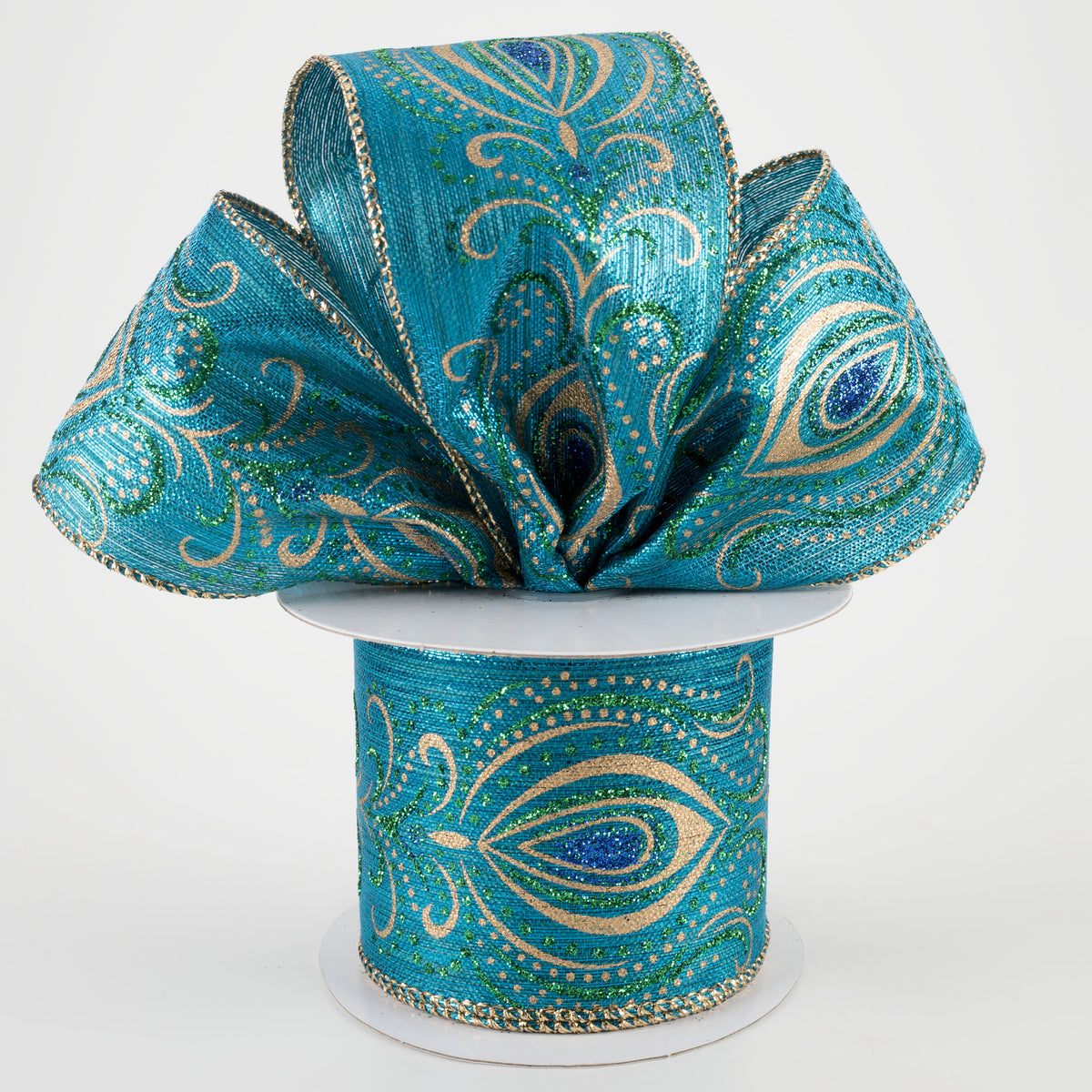 2.5" Peacock Feather Gold Swirls Ribbon (10 Yards) Lifestyle Photo